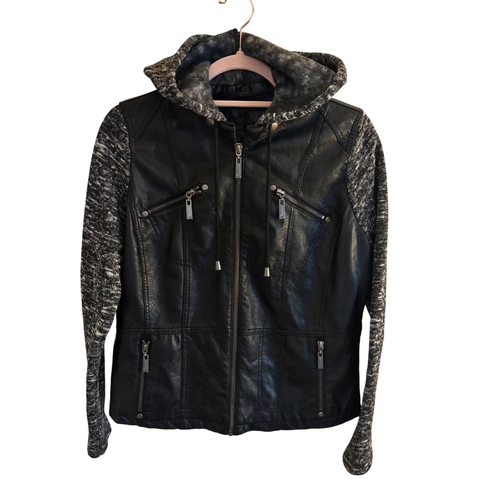J2 Womens Large Black Faux Leather Mixed Media Hooded Jacket Knit‎ Sleeves